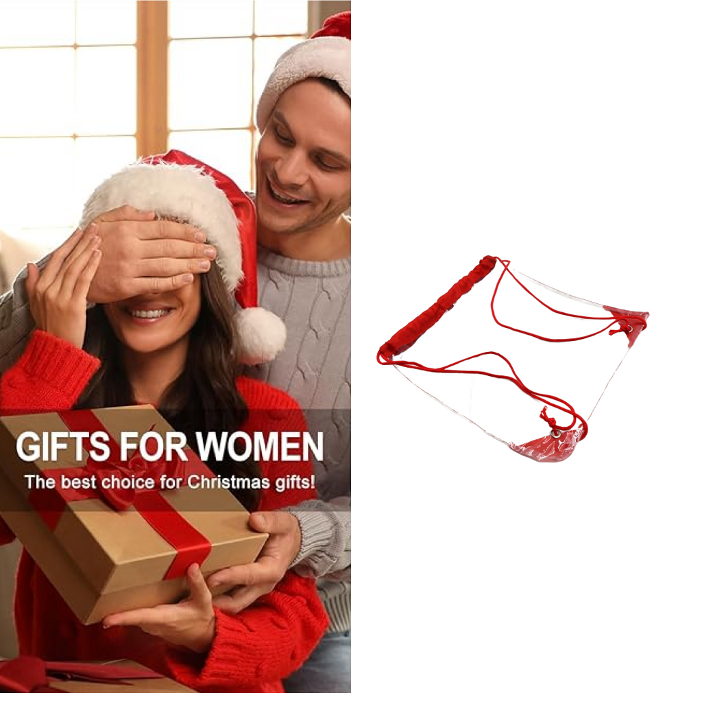 A clear drawstring bag with red trim is shown next to a man covering a woman's eyes, who is holding a wrapped gift.