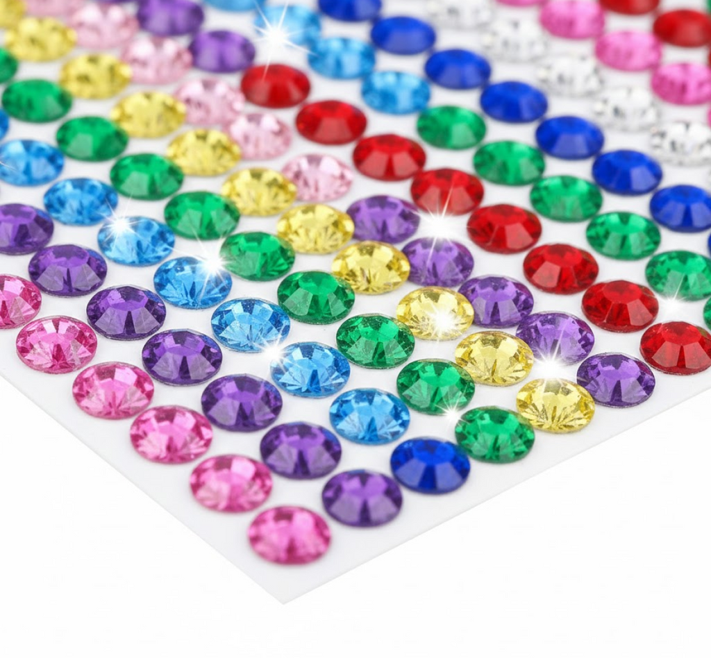 Sheet of crystal stickers featuring various designs for crafts and home decoration.