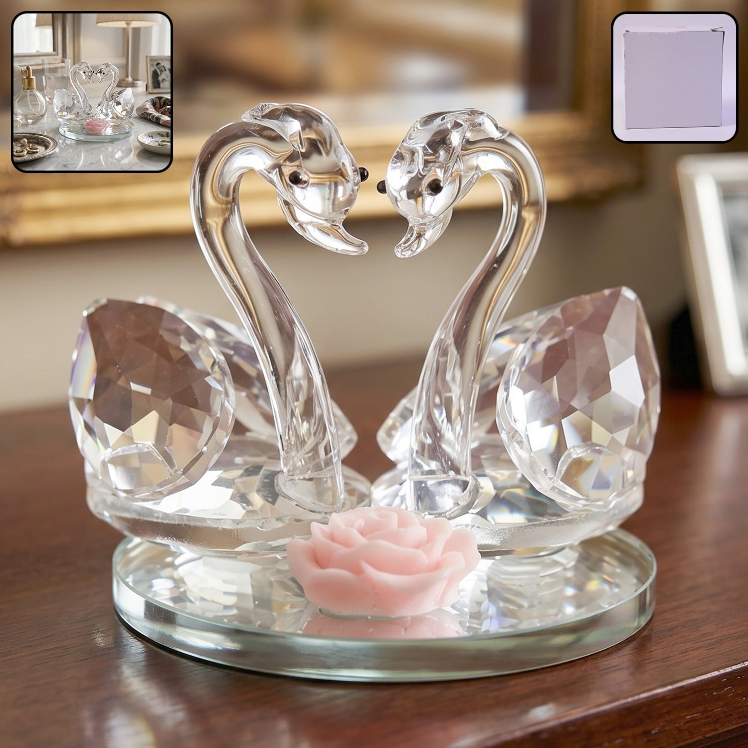 Decorative glass couple swan figurine with pink rose accent