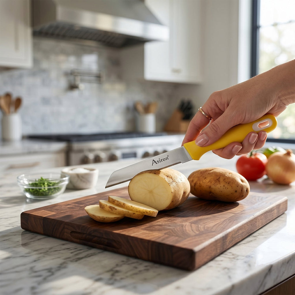 Kitchen knives in active use for chopping fresh vegetables, showcasing performance.