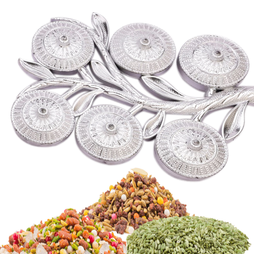 Top-down view of the 6-compartment serving tray filled with assorted treats.
