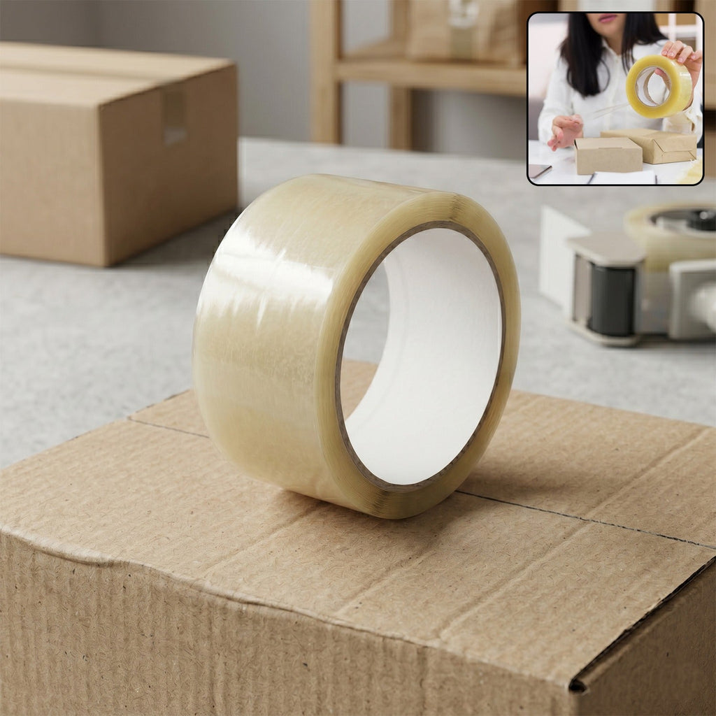 Single roll of high adhesive transparent packing tape for parcels.