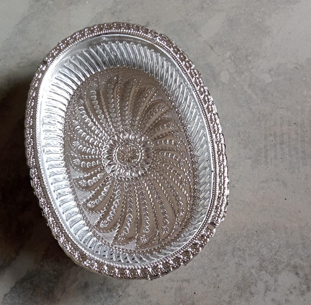 Multipurpose royal design oval silver gift tray for dry fruits.