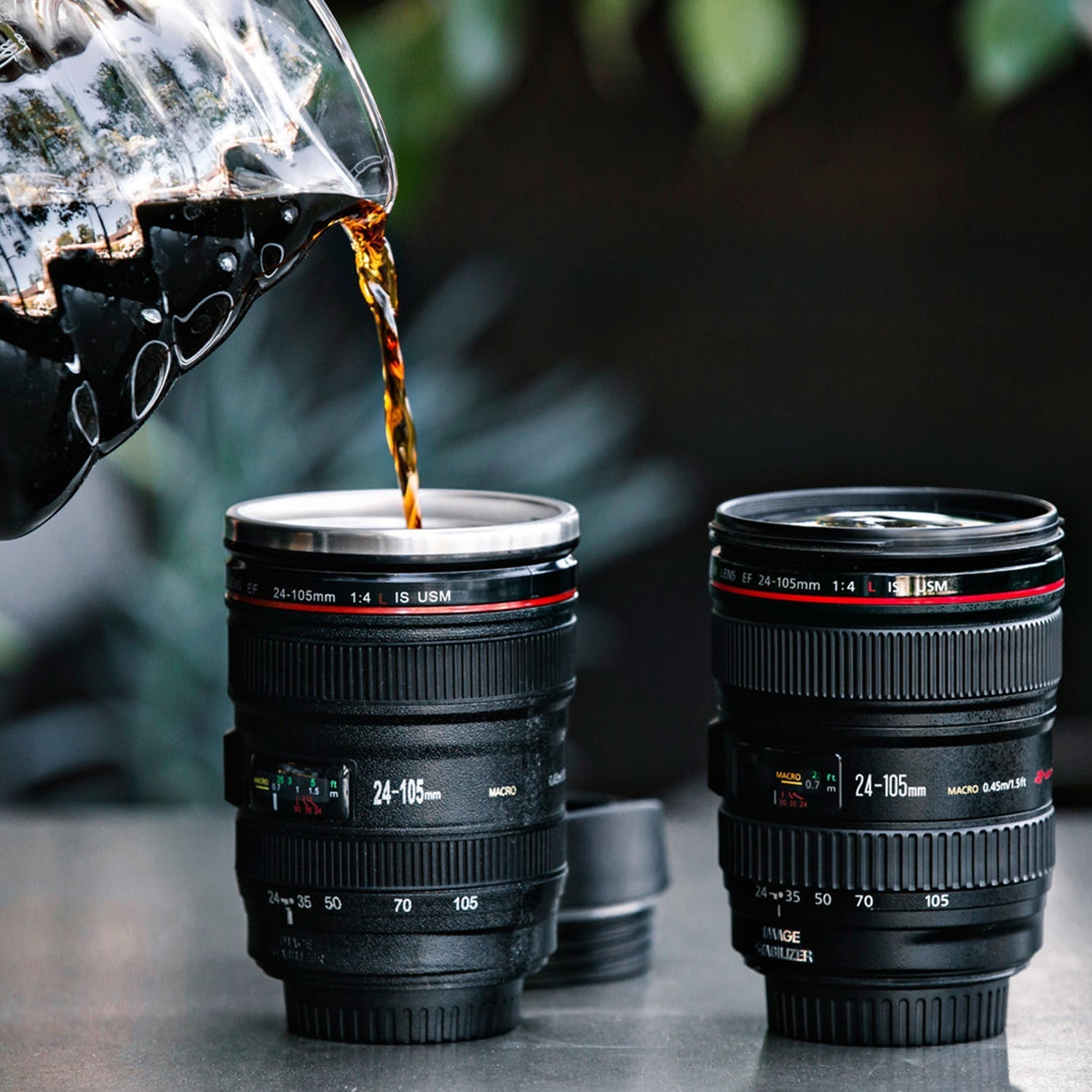 Front angle of the unique camera lens coffee mug, highlighting its realistic design.