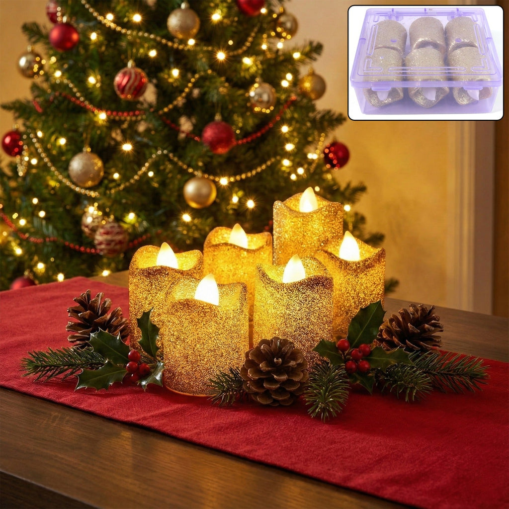 Christmas premium glitter LED tealight candles set of six in festive arrangement