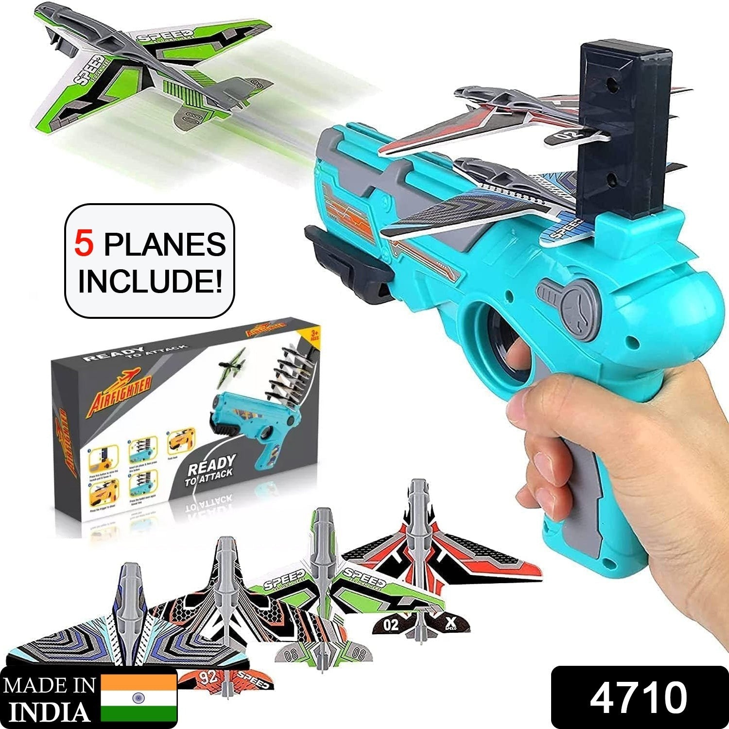 Children happily playing outdoors, launching a foam airplane with the toy gun.
