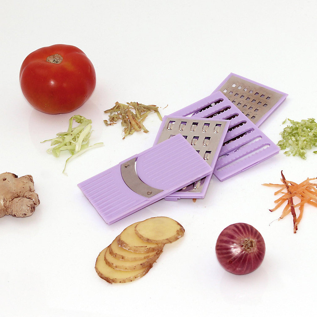 Compact 4-in-1 vegetable slicer grater with its components, ideal for convenient food preparation.