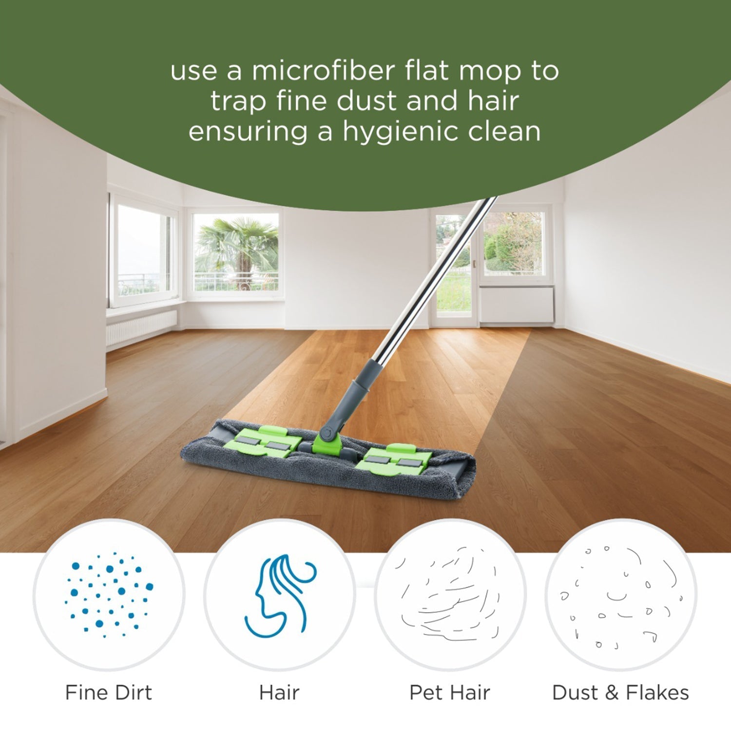 Ganesh multipurpose microfiber flat mop, showing its ease of use for both wet and dry applications.