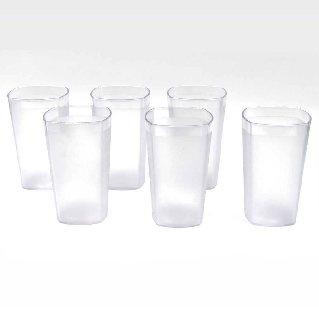 Ganesh 350ml unbreakable plastic drinking glasses, set of 6, arranged on a table.