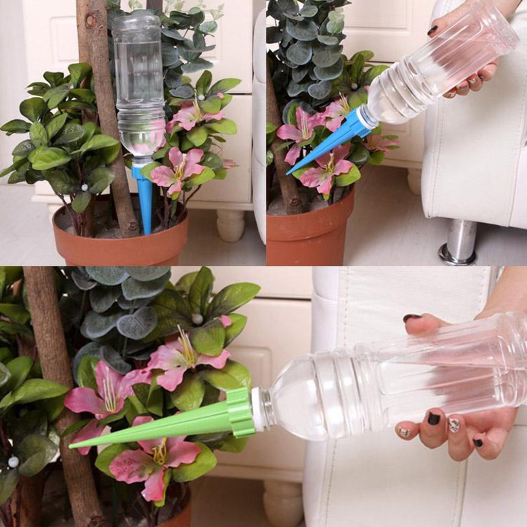 An automatic plant watering spike perfectly hydrating a vibrant flowering plant.
