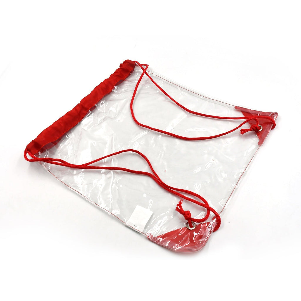 A clear drawstring bag with red trim and drawstrings is displayed on a plain white background.