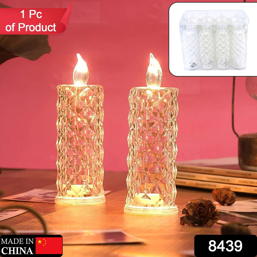 Elegant LED rose candle in transparent acrylic, perfect for home decor.