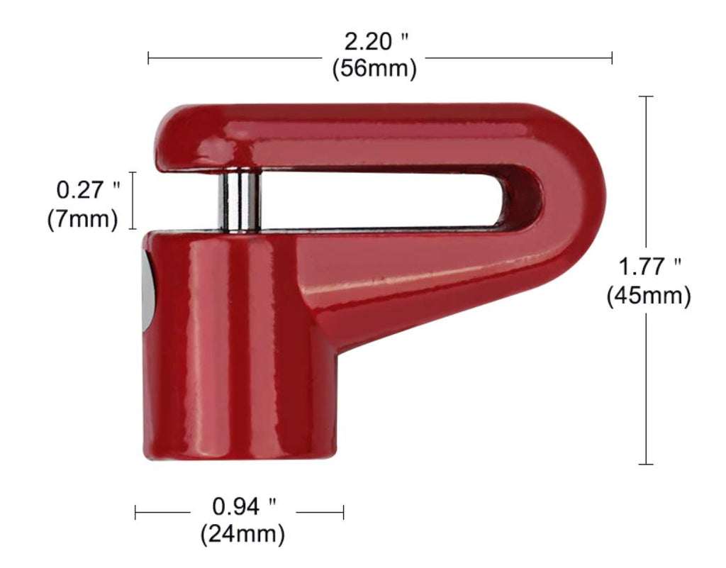 A red motorcycle wheel security device with dimensions labeled, showing a compact U-shaped design.
