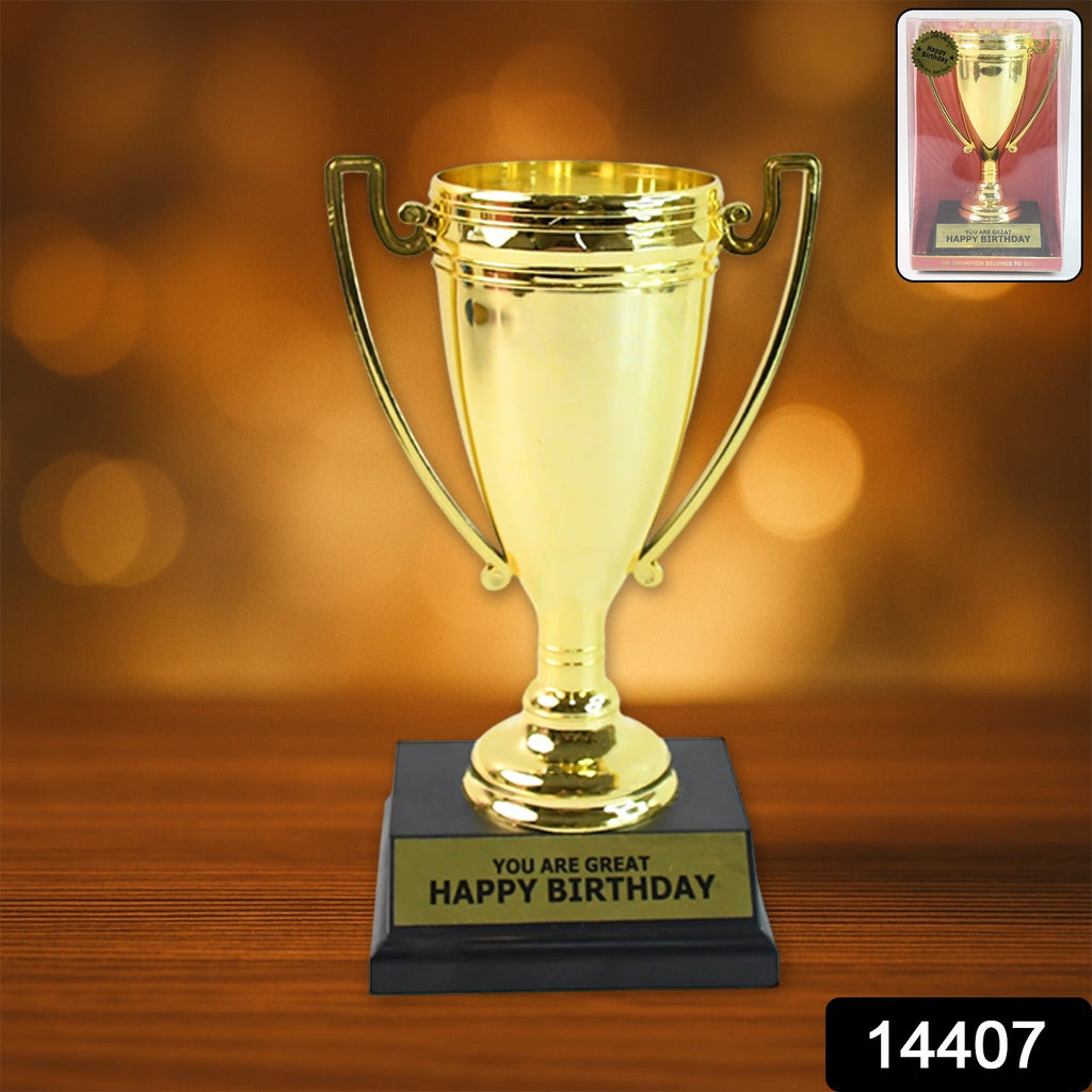Birthday trophy displaying 'Best Day Ever' message on gold plastic award