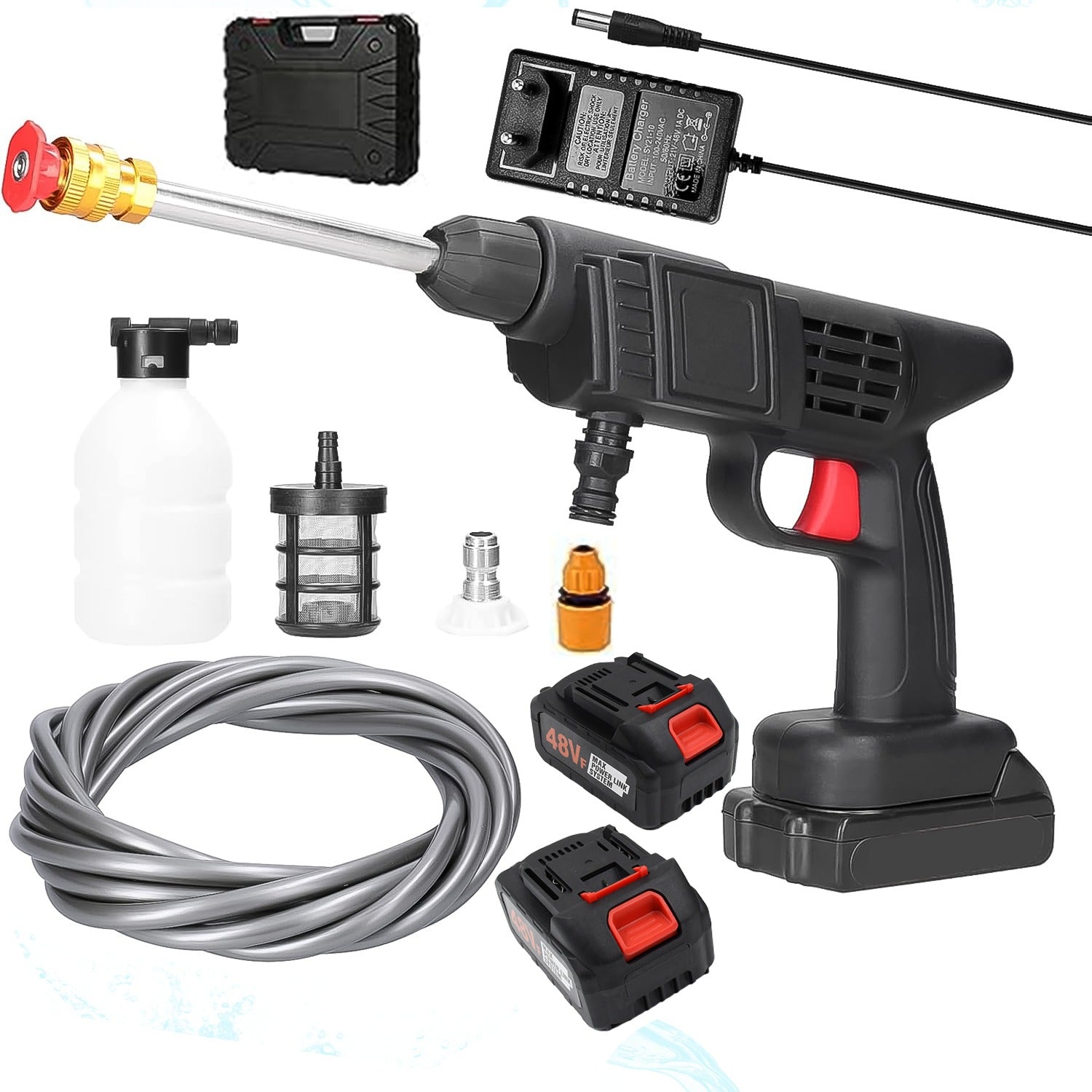 Close-up of the adjustable spray nozzle on the powerful cordless car washer gun.