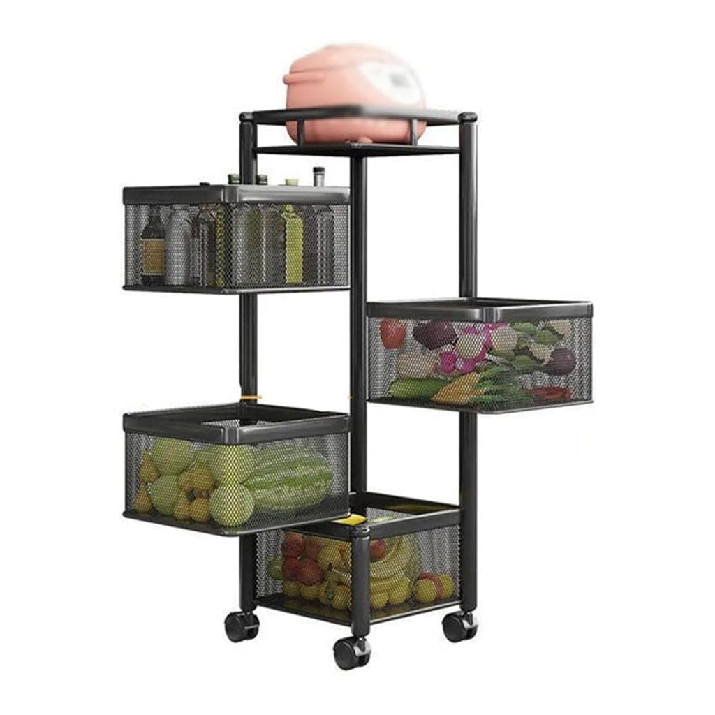 A portable 4-layer kitchen storage trolley with translucent mesh baskets, ideal for easy access.