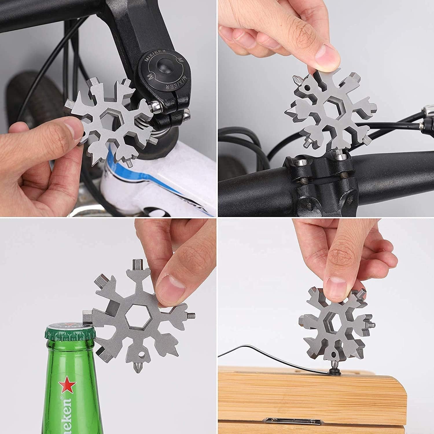 Compact snowflake tool displaying its multiple screwdriver and wrench sizes for daily tasks.