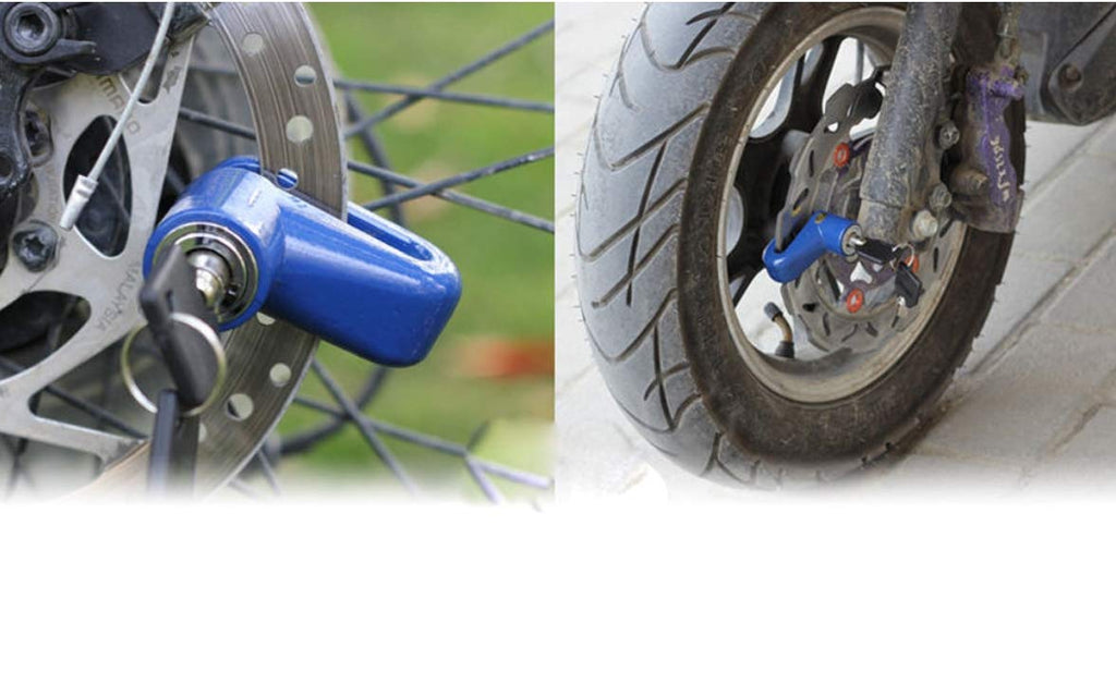 A split image shows a blue wheel security device on a bicycle disc brake on the left and on a scooter wheel on the right.