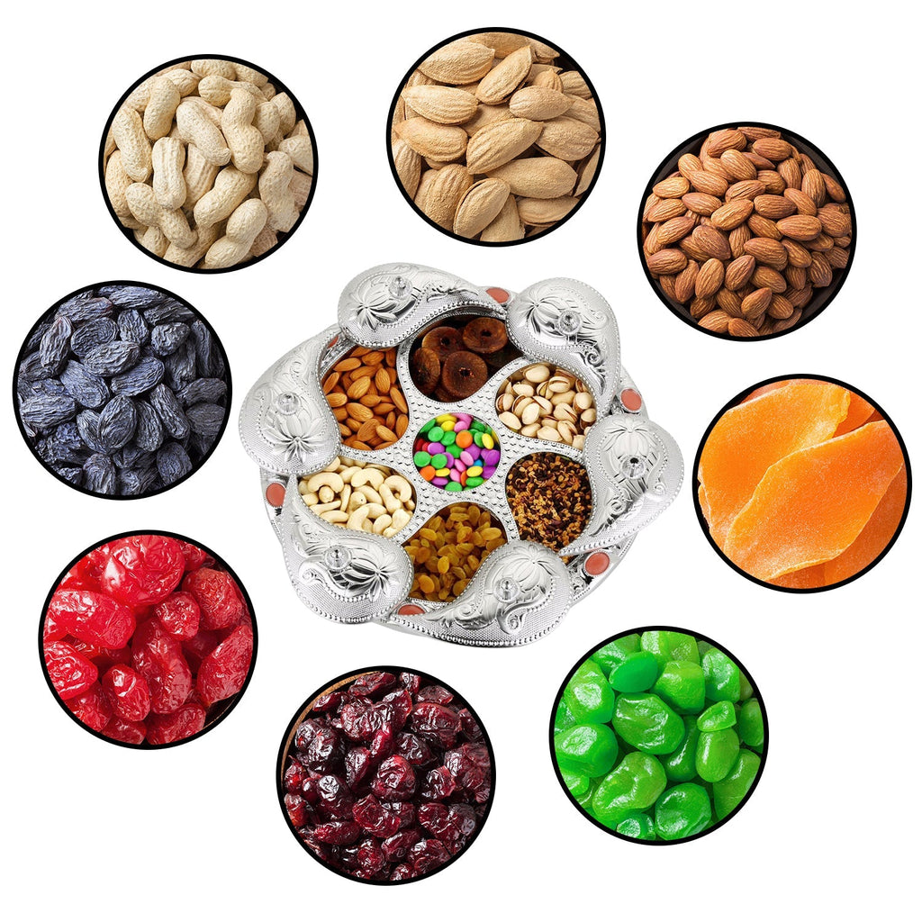 Multi-compartment Rotating Dry Fruit Tray on a table, ready for serving guests.