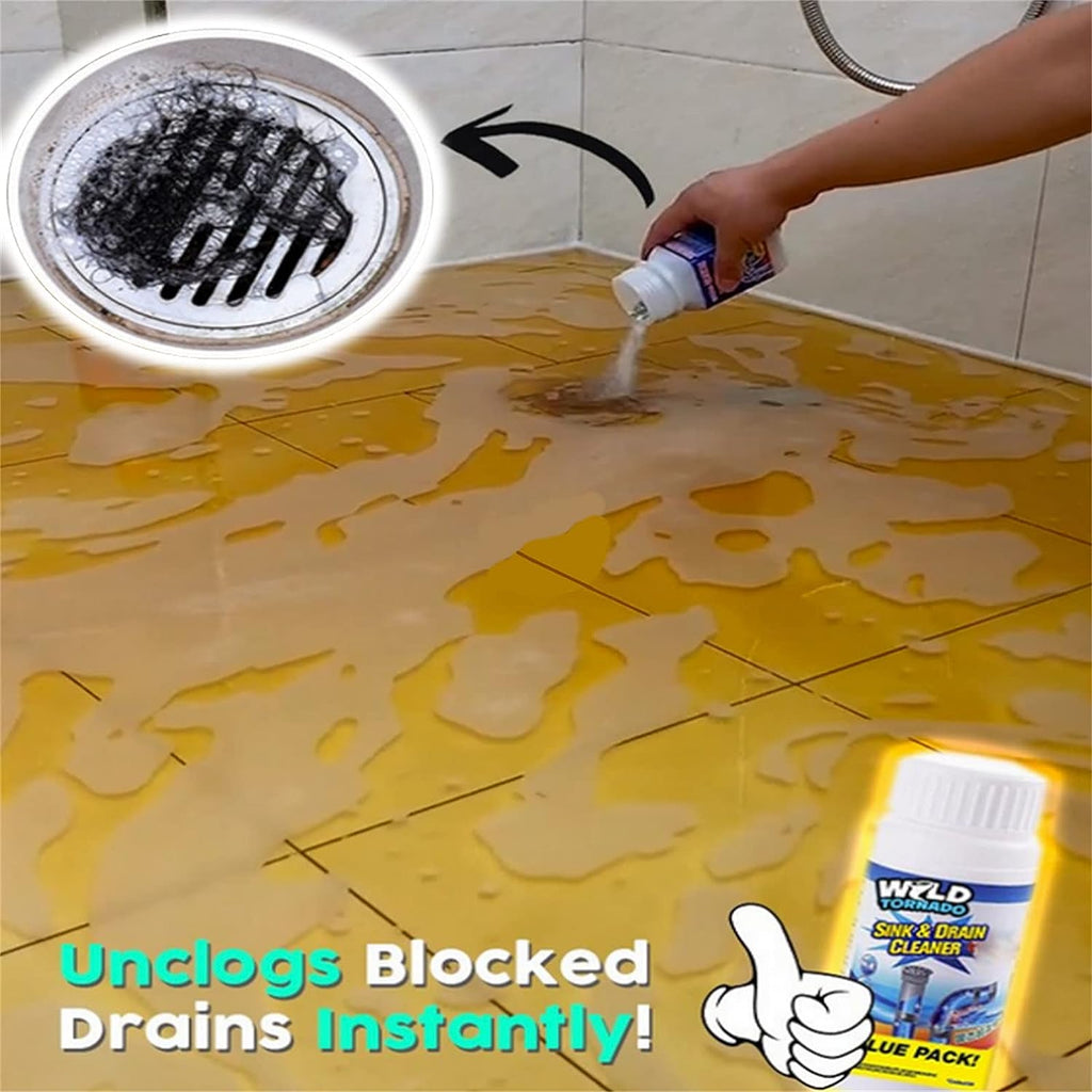 ShineCrest Drain Cleaner Powder for kitchen and toilet pipes, shown with a measuring spoon.