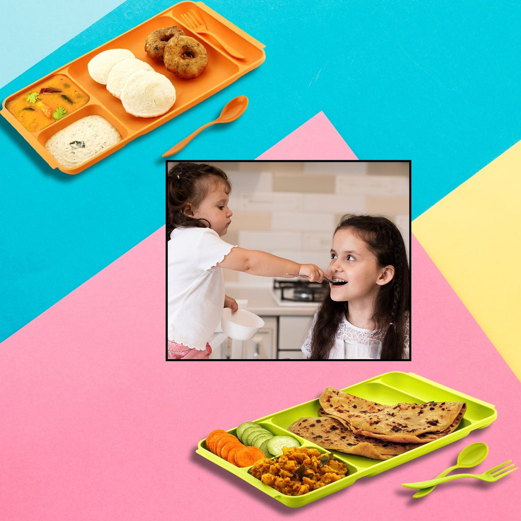 4-Compartment Plate set with spoon and fork for organized meals.