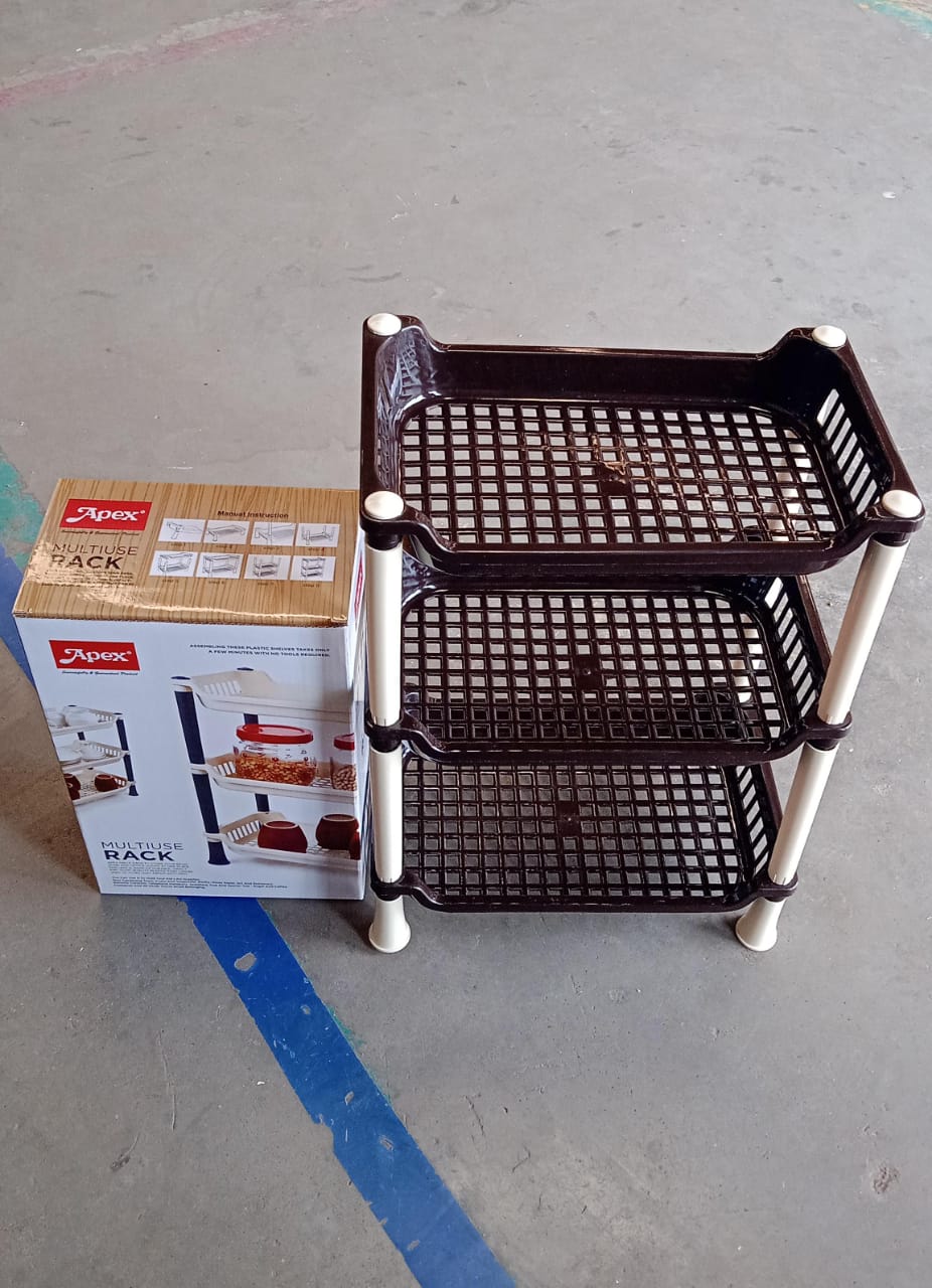 Side view of durable 3-Tier Plastic Storage Rack Organizer with ventilated baskets