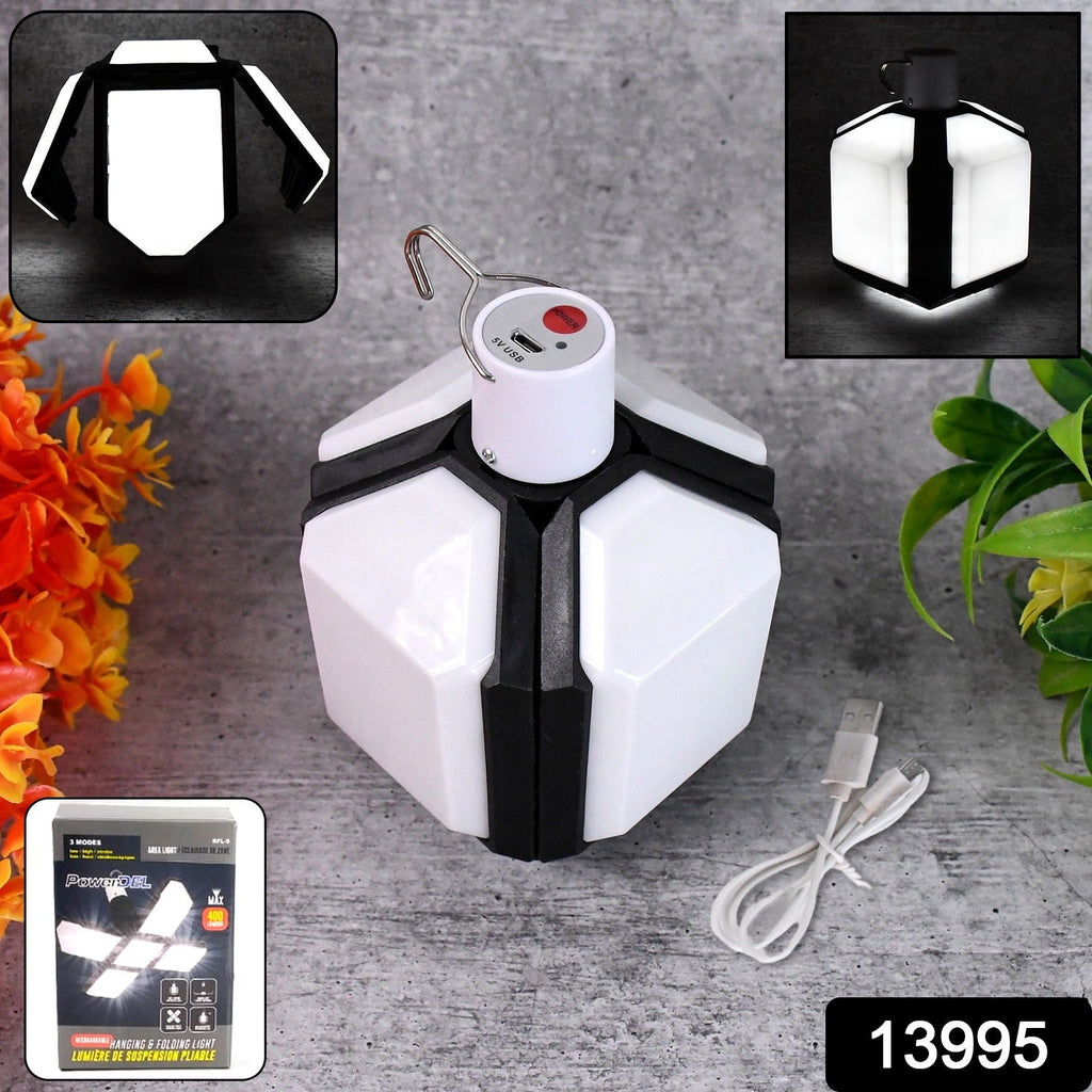 Foldable fan style LED camping light showing adjustable brightness settings