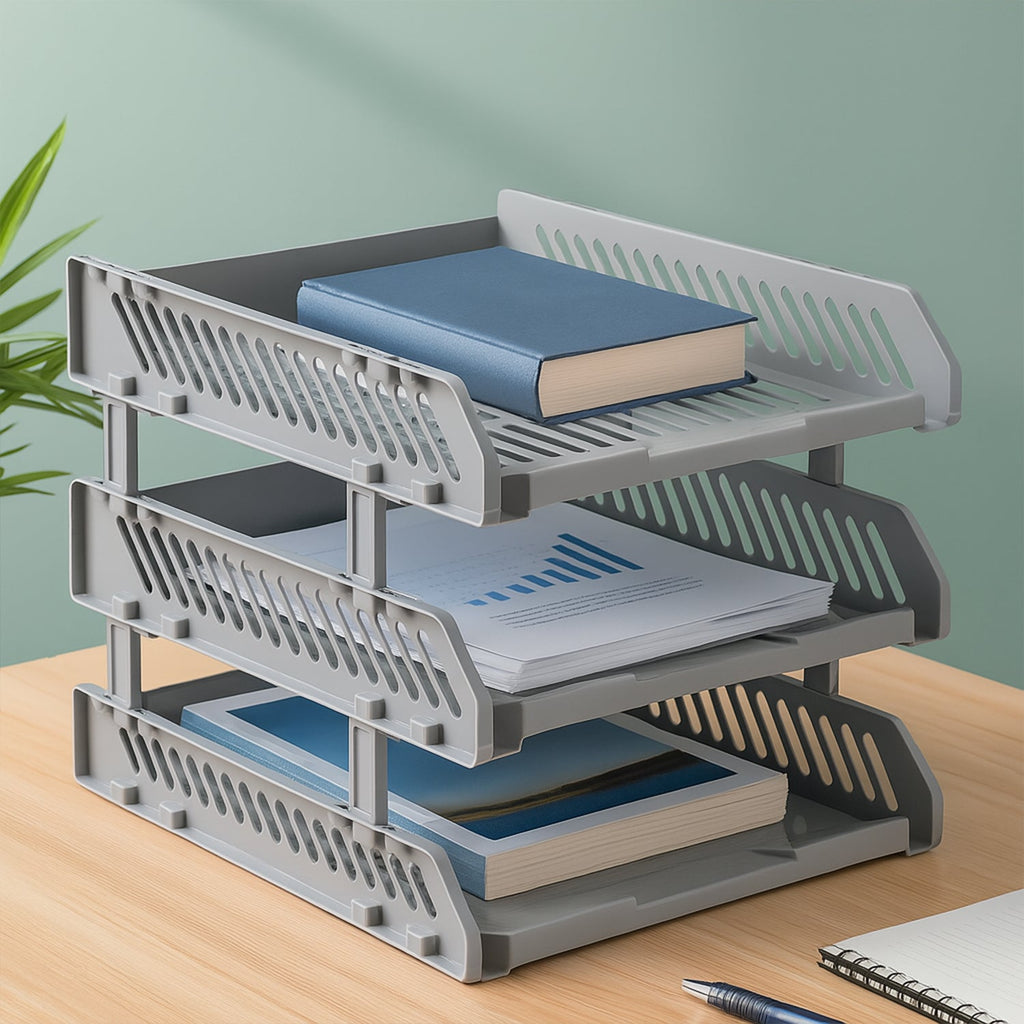 Multifunctional desktop file rack with four layers for office storage.