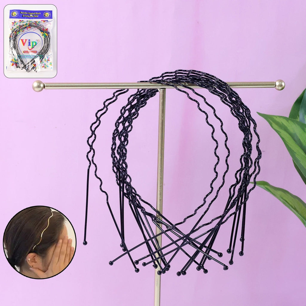 Set of 12 metal wave hair bands in black color for men and women