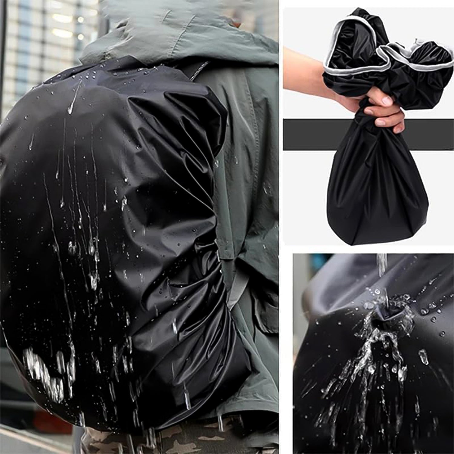 Water streams off a black backpack rain cover worn by a person, with insets showing the cover being squeezed and water