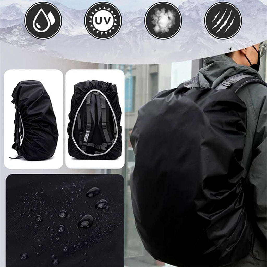 A person wears a black rain cover on a backpack, with insets showing the cover from the side, the back, and water droplets