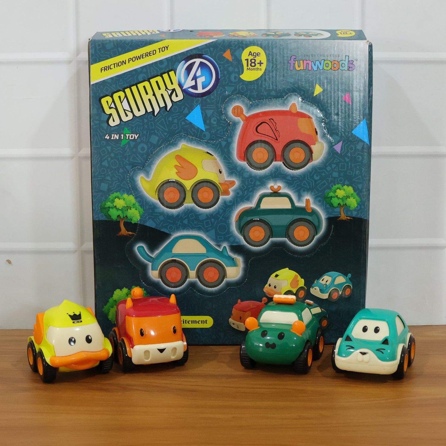 Full set of four colourful Funwoods animal cartoon pull-back toy cars