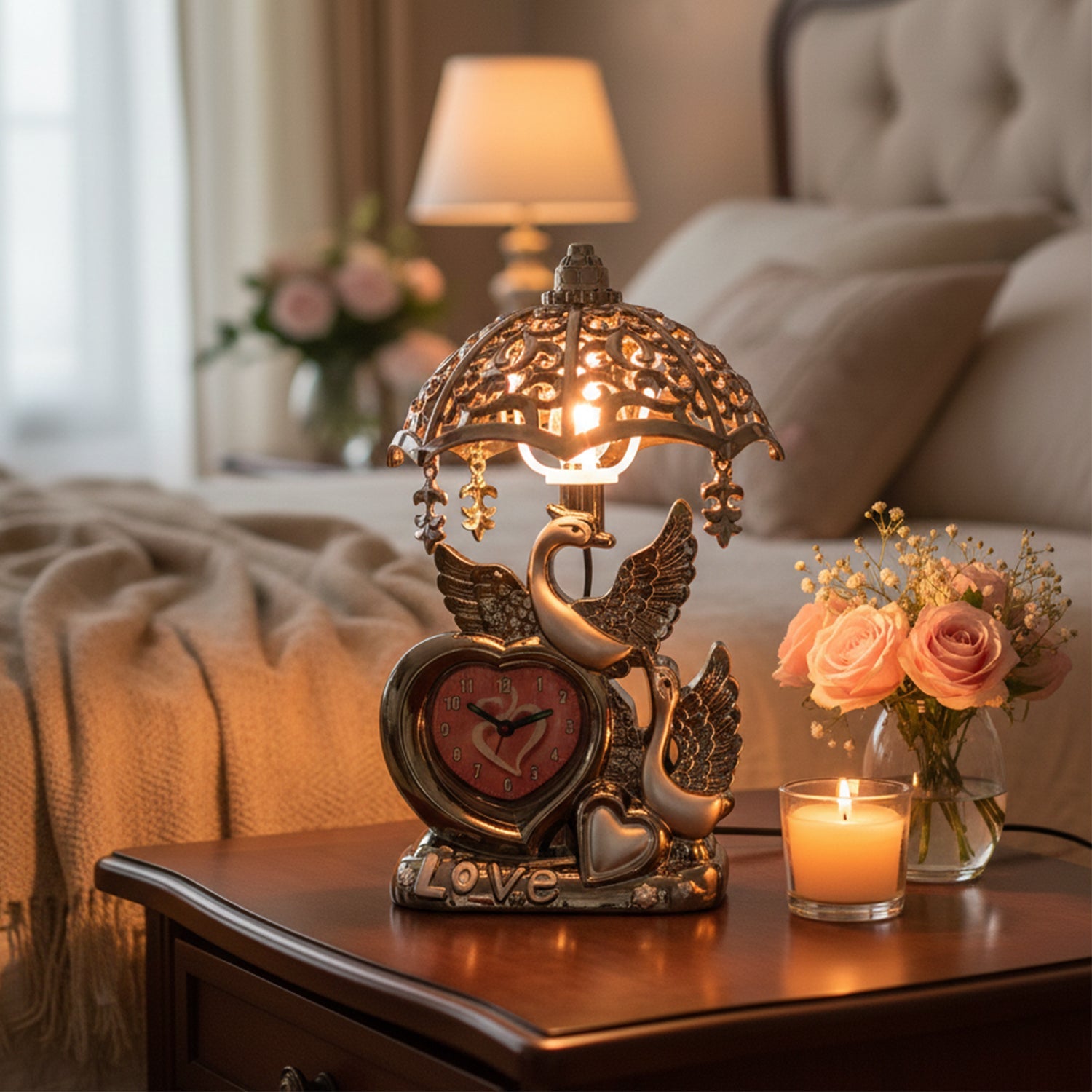 Decorative swan couple table lamp emitting soft warm light