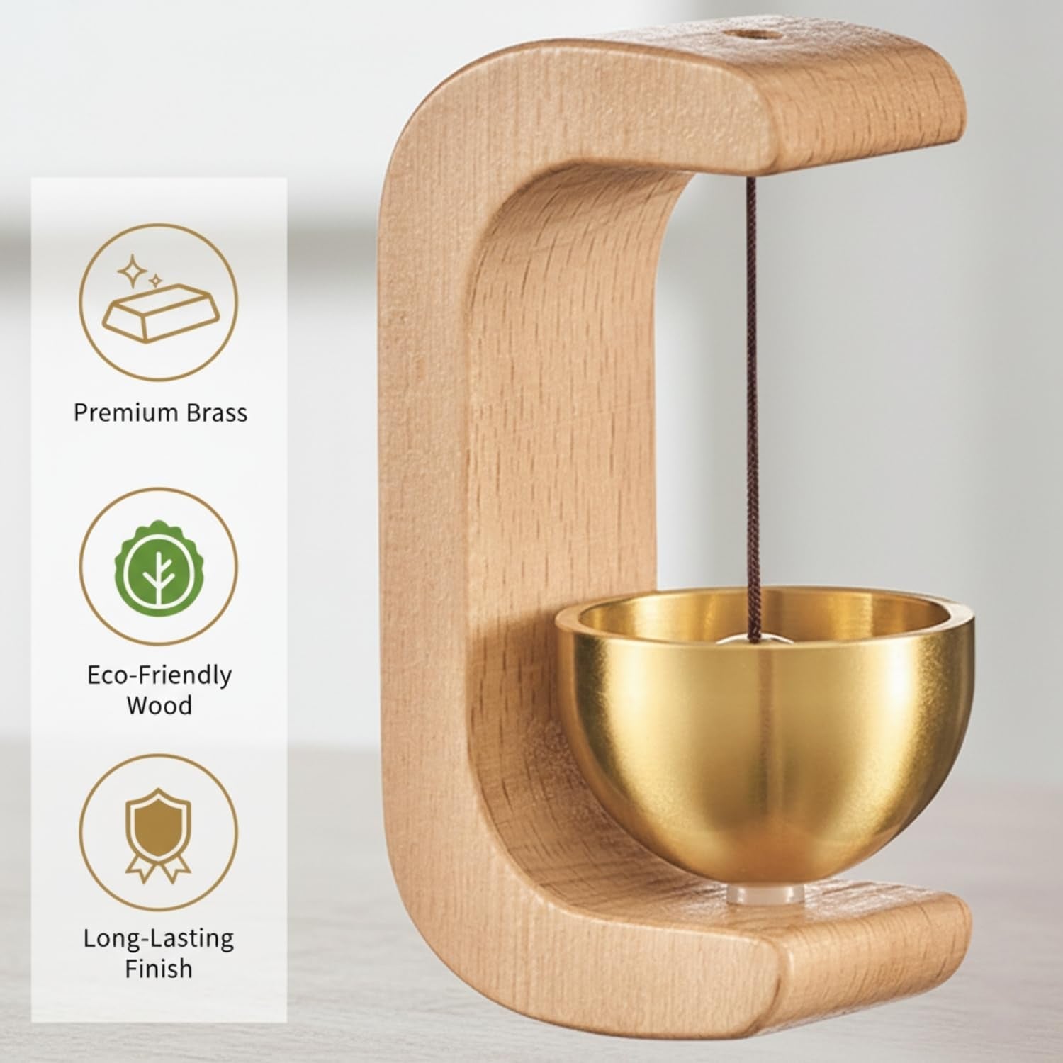 Zen meditation bell with wooden stand in cozy home setting