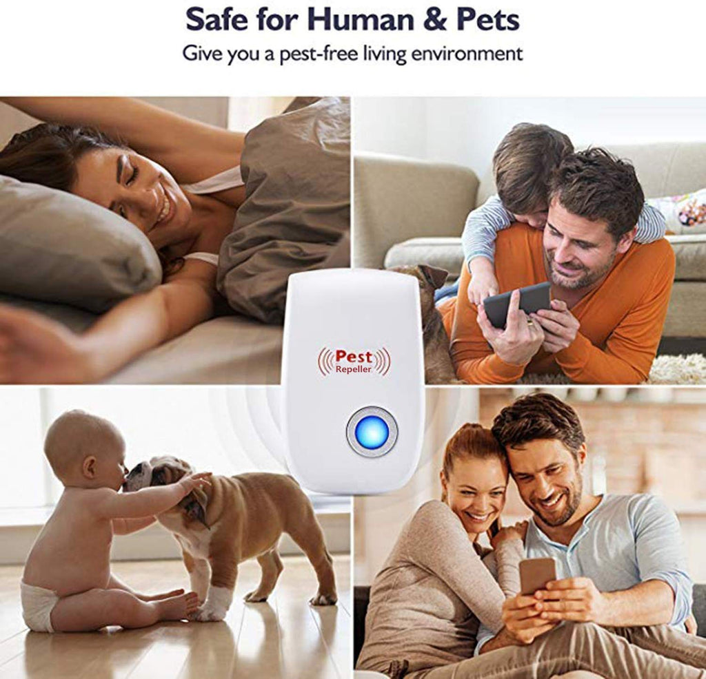 A four-panel image shows a pest repeller at the center, surrounded by a sleeping woman, a father and son, a baby and dog,