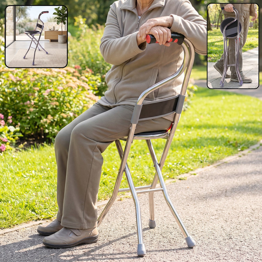 Folding walking stick with seat and backrest, 4 leg cane stool chair (1 pc)