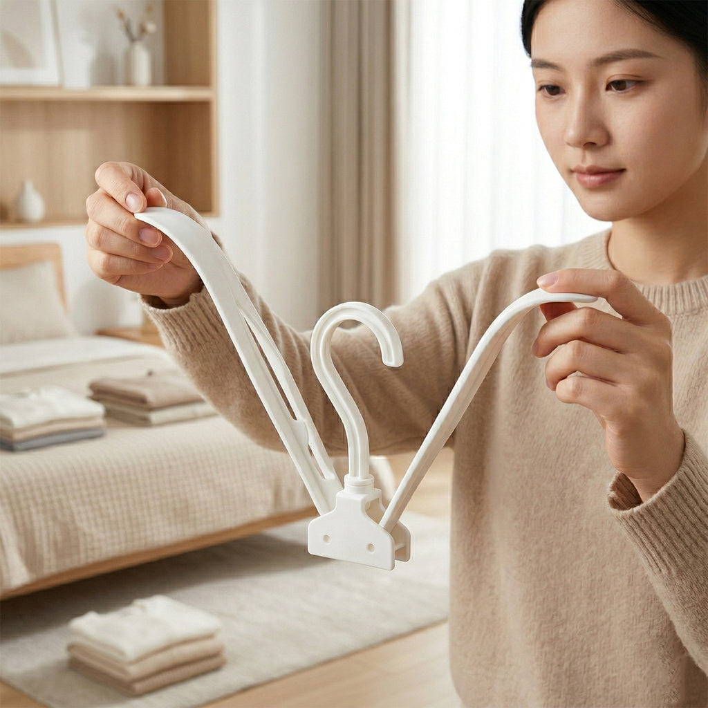 Space saving clothes hanger folded for travel or storage