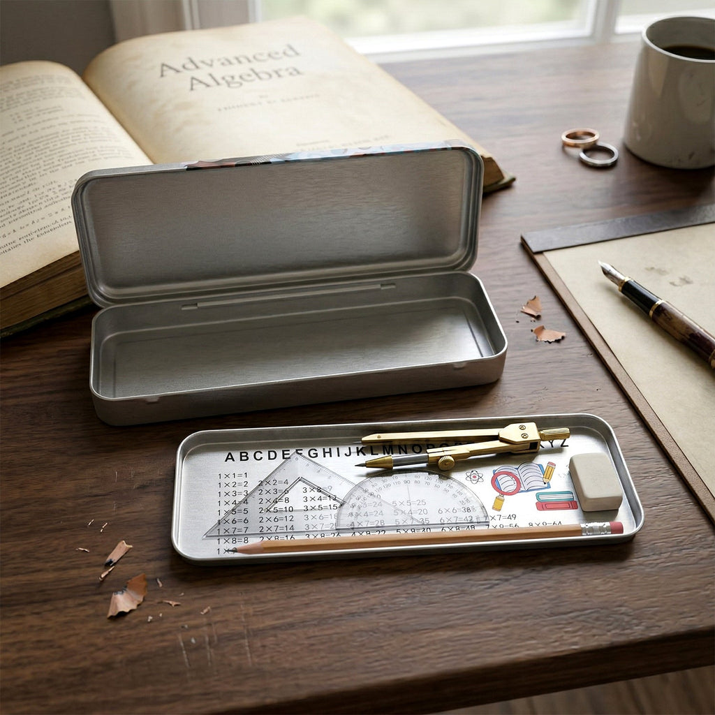 Assorted printed metal pencil boxes in different designs