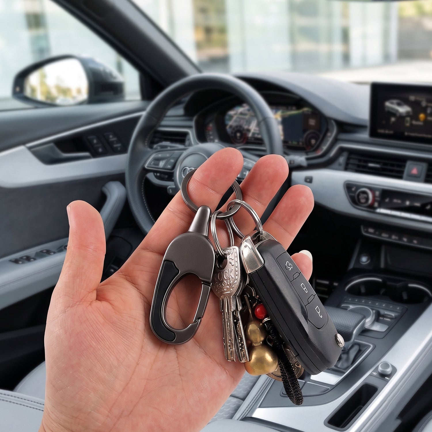 Secure carabiner clip on durable metal keychain for on-the-go use.