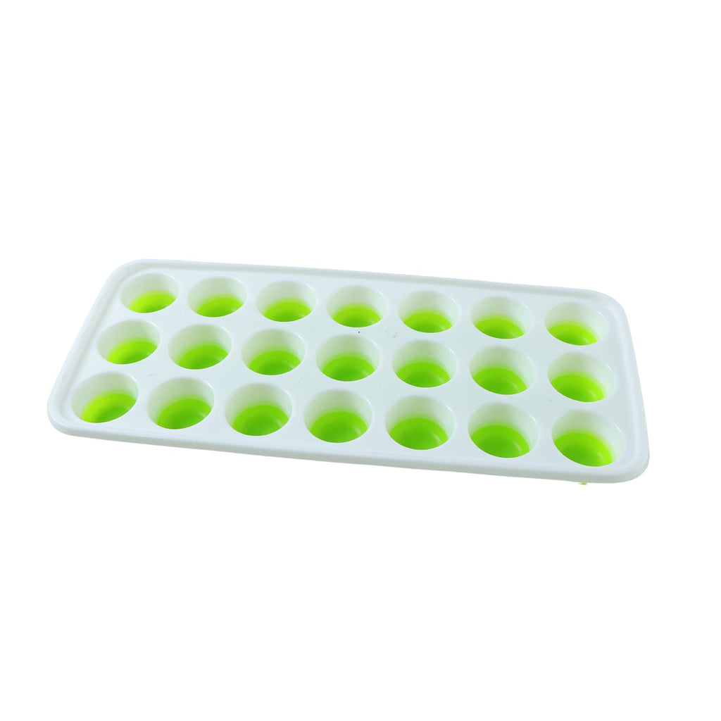 Ice cube tray with lid displaying freshly frozen round ice cubes, suitable for drinks.