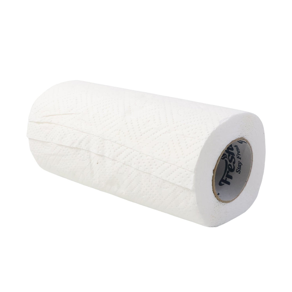 White kitchen paper towel roll used for cleaning kitchen surfaces