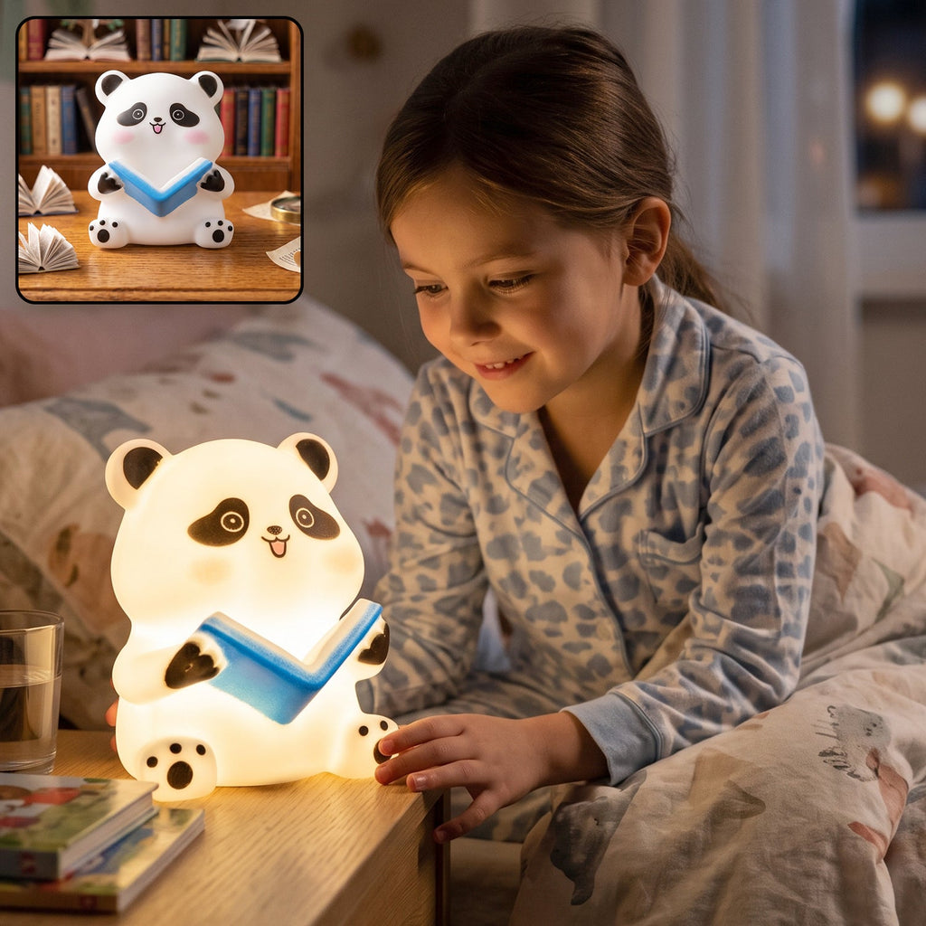 Panda reading LED night light, cute silicone bedside lamp for kids (1 pc)