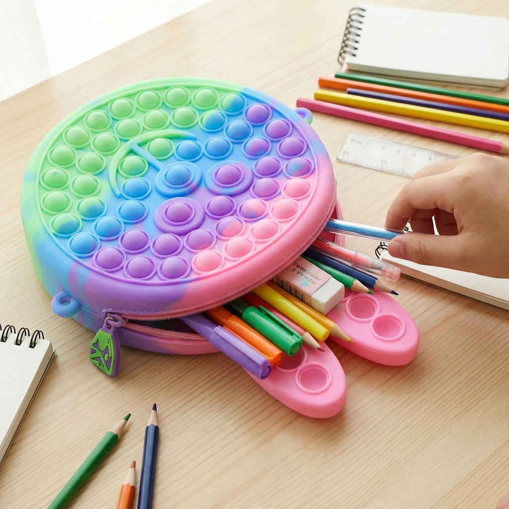 Colorful caterpillar-shaped Pop It pencil pouch with zipper closure