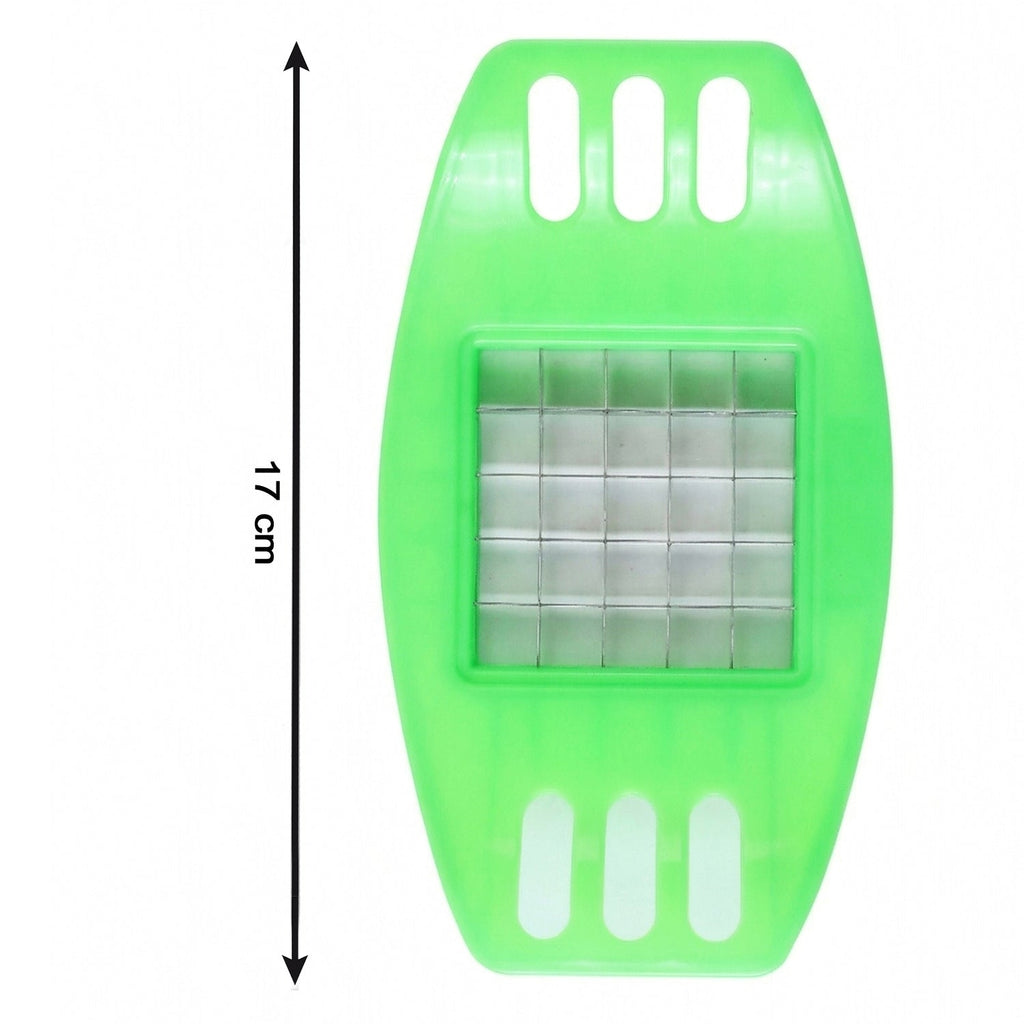 Detailed view of the potato cutter's blades and comfortable ABS plastic handle during use.