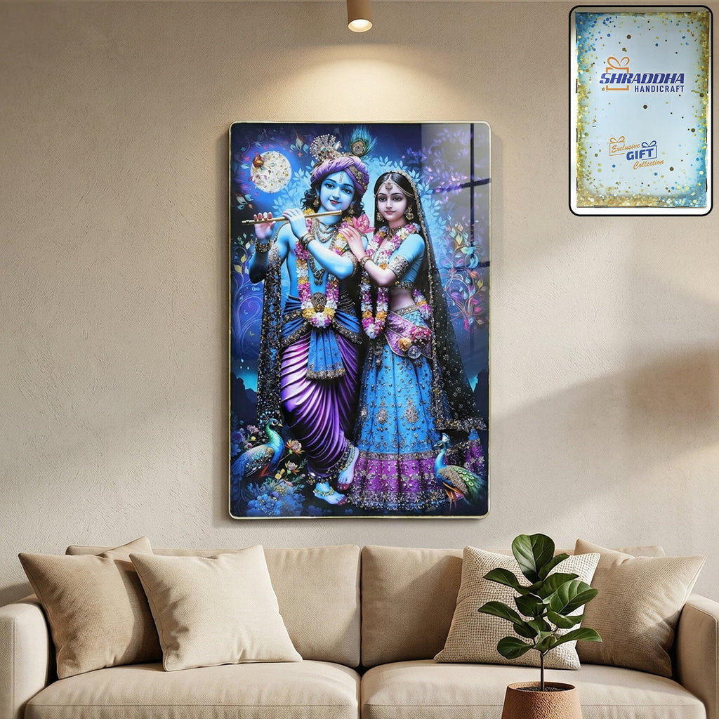 Close-up of the vibrant Radha Krishna artwork on the wall frame
