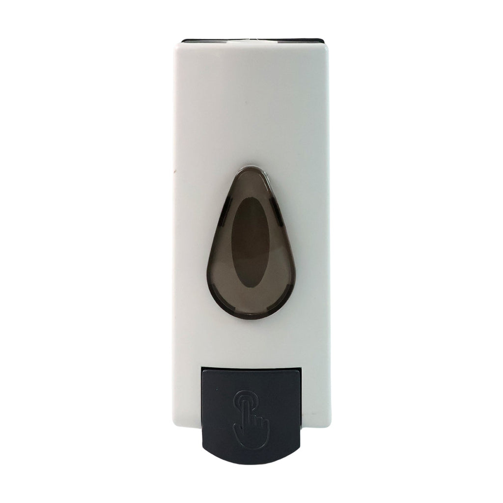 Wall mounted liquid soap dispenser installed above a kitchen sink.