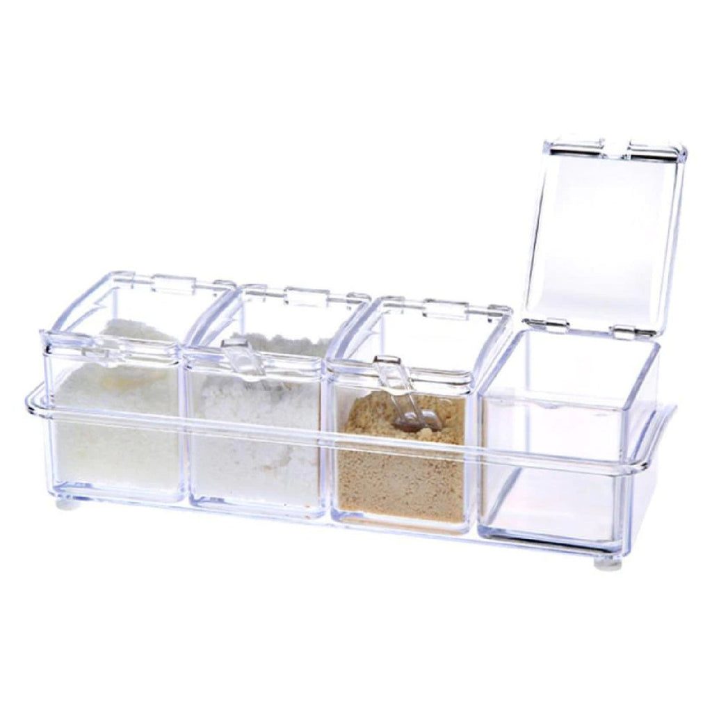 Acrylic spice rack with individual clear lids for each container.