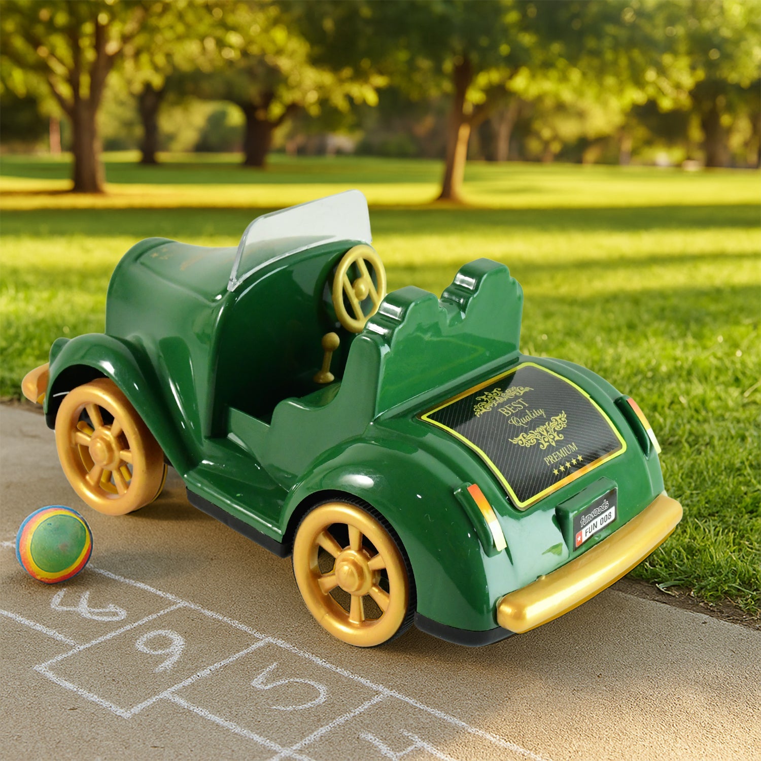Friction-powered open cockpit vintage toy car for imaginative play