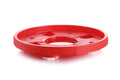 Red plastic gas cylinder trolley with a cylinder, showcasing movable wheels.
