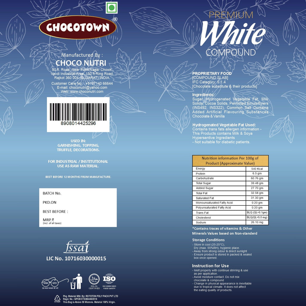 Chocotown White Compound Chocolate 500gm packaging with brand logo clearly visible.